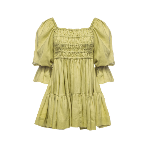 Amelia Ruched Mini Linen Dress in Lime Cream - Vasiliki - Modalova