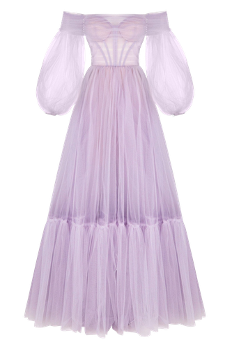 Lavender Sheer Sleeves Maxi Tulle Dress - Milla - Modalova