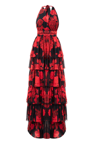 Lola Red Floral Ruffled Maxi Dress - Lora Istanbul - Modalova