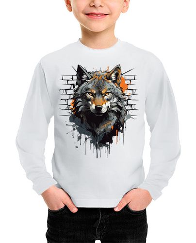 Camiseta Niño Manga Larga cabeza de lobo acuarela con toque naran laTostadora - latostadora.com - Modalova