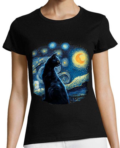 Camiseta mujer Gato Noche Luna Pintura Van Gogh Arte Animales Gatos laTostadora - latostadora.com - Modalova