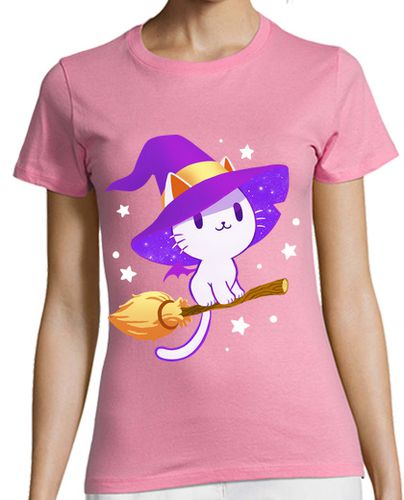 Camiseta mujer Gato blanco bruja - Gatito al pastel - Estrellas mágicas - latostadora.com - Modalova