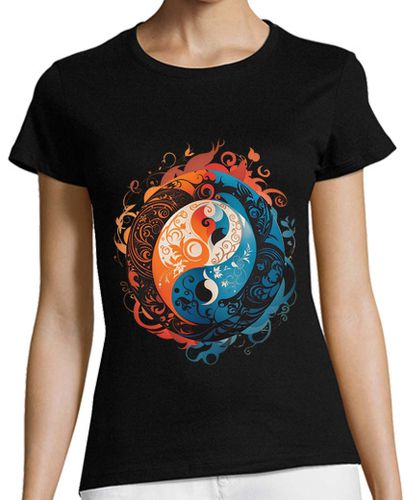 Camiseta mujer Yin y Yang en fuego y agua, elementos abstractos, coloridos, llenos de vida, camiseta ligera - latostadora.com - Modalova