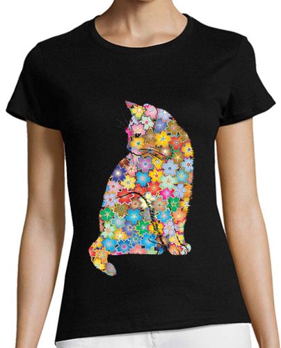 Camiseta mujer gato flores románticas estilo rompecabezas, bellas artes - latostadora.com - Modalova