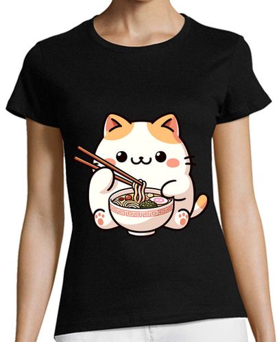 Camiseta mujer gato neko comiendo fideos ramen anime - latostadora.com - Modalova