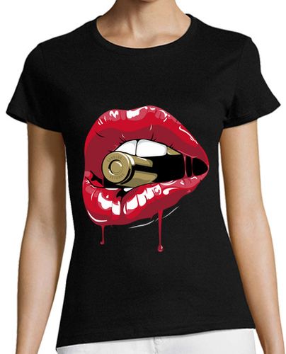 Camiseta Mujer Manga Corta Ilustración Boca Labios Y Bala Cultura Pop Belleza Femenina Letal laTostadora - latostadora.com - Modalova