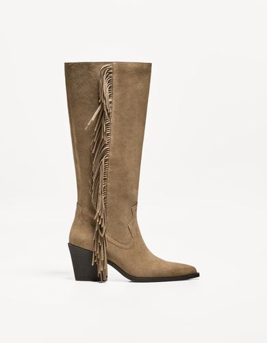 Bota Tacón Cowboy Flecos Piel Mujer 37 - Bershka - Modalova