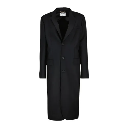 Cappotto in lana nero, maniche lunghe, dettagli in satin - Moschino - Modalova