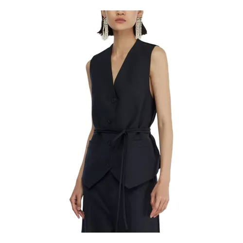 Dark Blue Wool Waistcoat with Belt - Semicouture - Modalova
