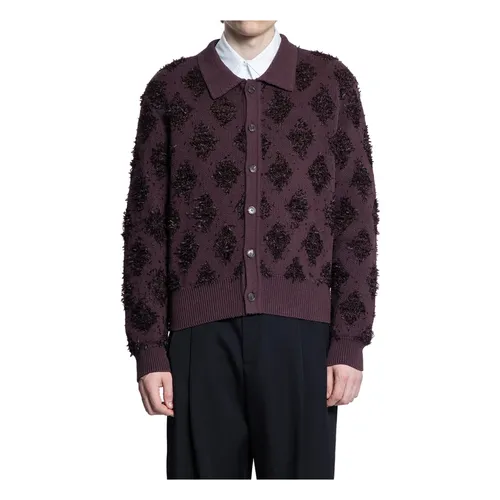 Burgundy Fringed Jacquard Knit Cardigan - Recto - Modalova