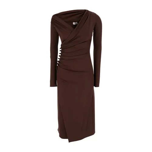 Braunes Drapiertes Midi-Kleid Asymmetrischer Ausschnitt - Elisabetta Franchi - Modalova