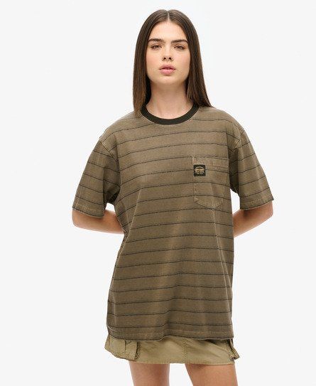 Women's Oversized Textured Stripe Pocket T-shirt Khaki / Washed Morel Brown Stripe - Size: L - Superdry - Modalova