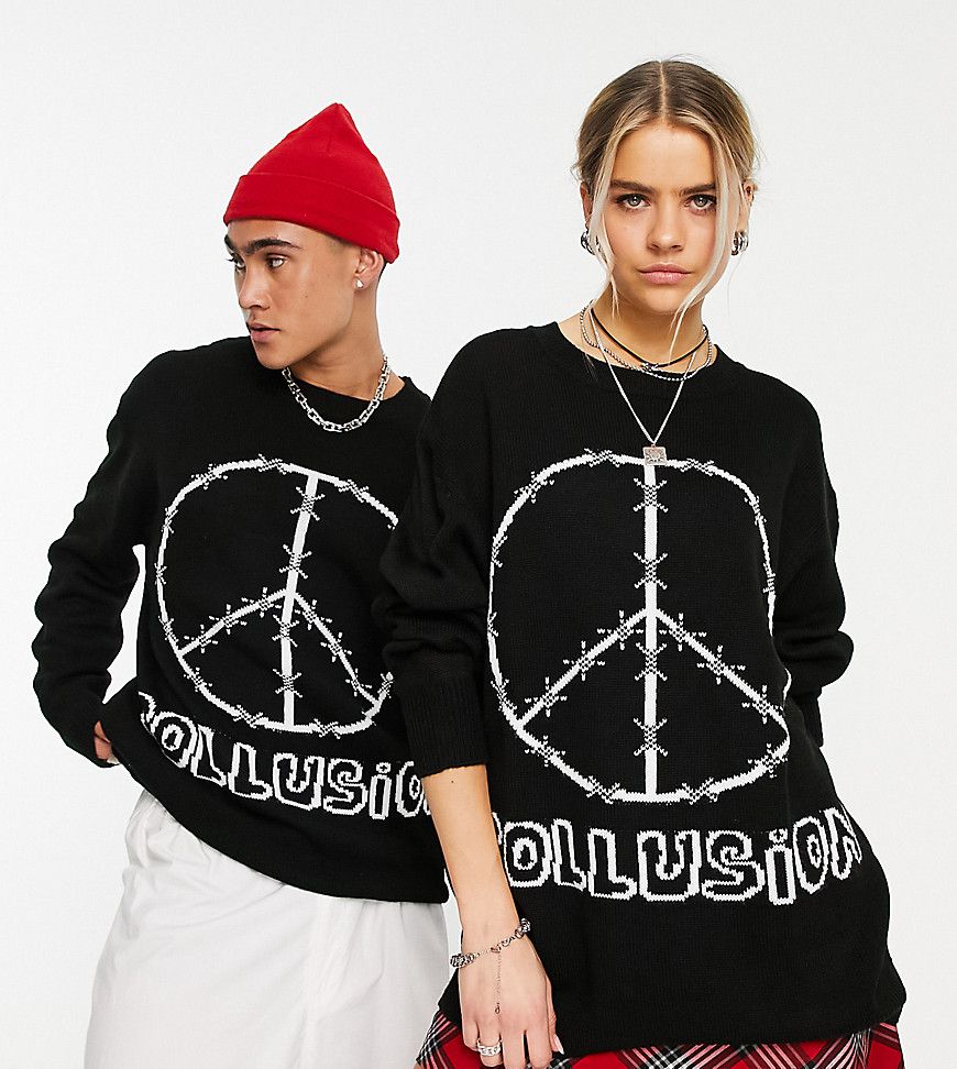 Unisex - Maglione oversize in maglia nera jacquard con logo - Collusion - Modalova