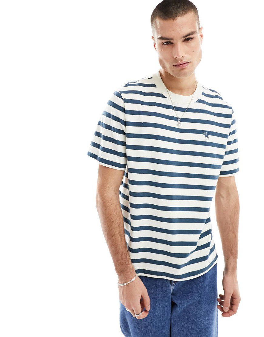 T-shirt pesante a righe bianche e blu con logo - Abercrombie & Fitch - Modalova