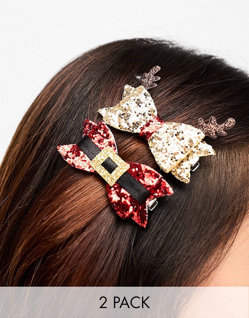 Confezione da 2 fermagli per capelli natalizi rossi e oro glitterati a forma di fiocco - Accessorize - Modalova