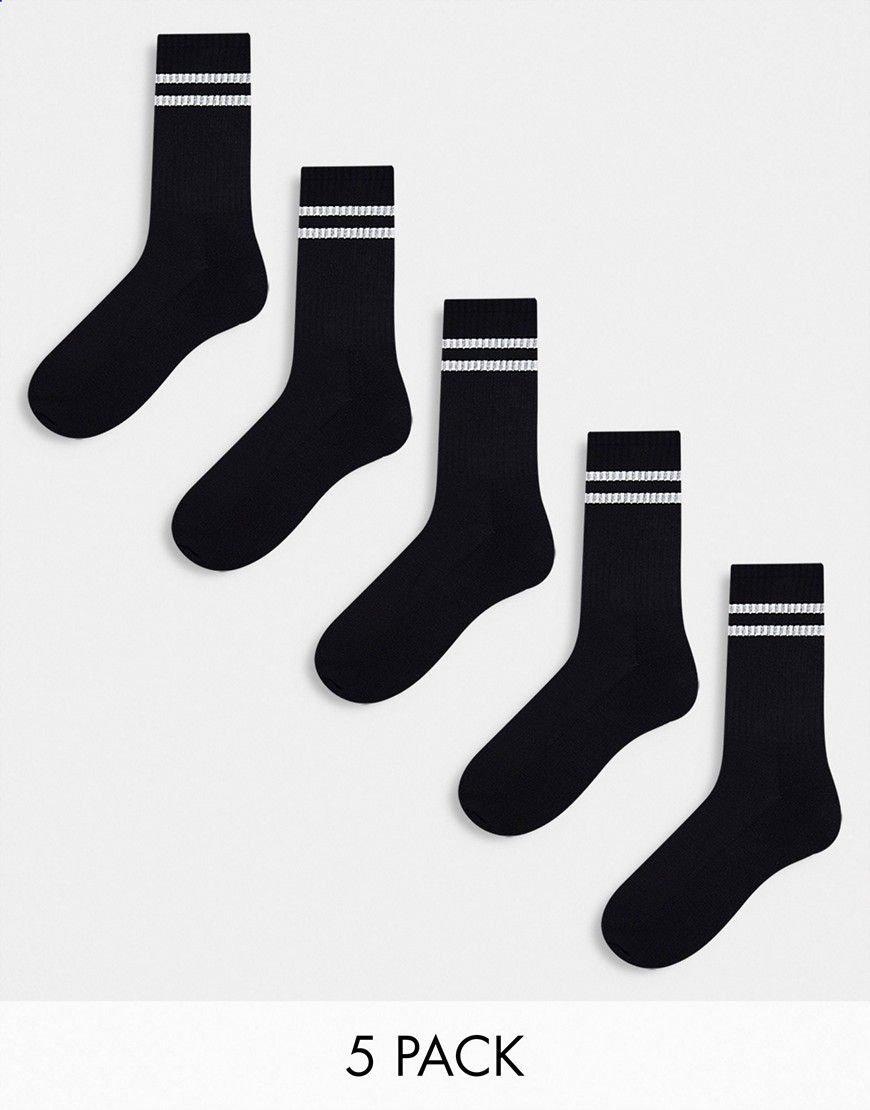 Confezione da 5 paia di calzini sportivi neri a righe bianche - ASOS DESIGN - Modalova