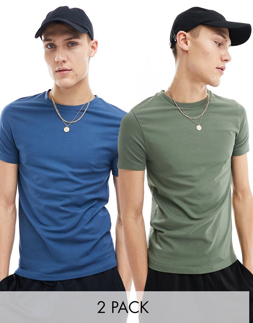 Confezione da 2 T-shirt attillate verde scuro e blu - ASOS DESIGN - Modalova