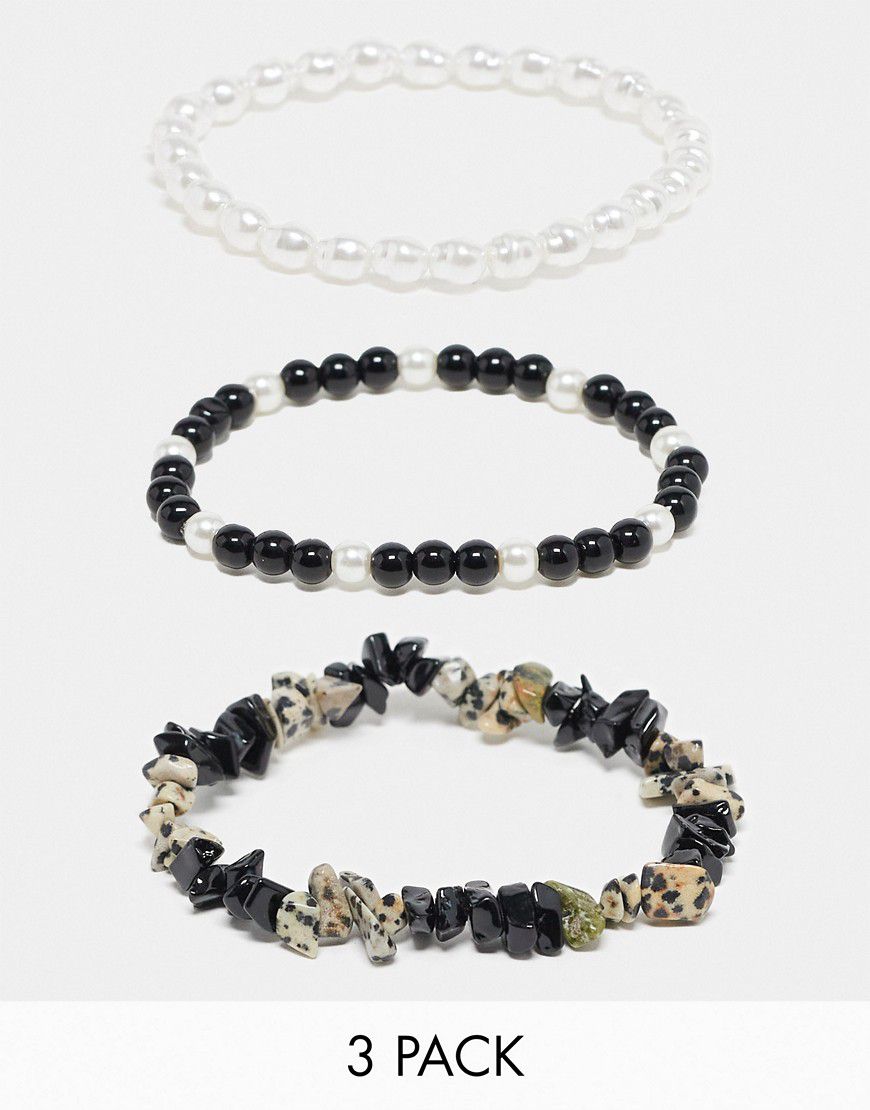 Confezione da 3 bracciali con perle sintetiche e pietre irregolari nere - ASOS DESIGN - Modalova