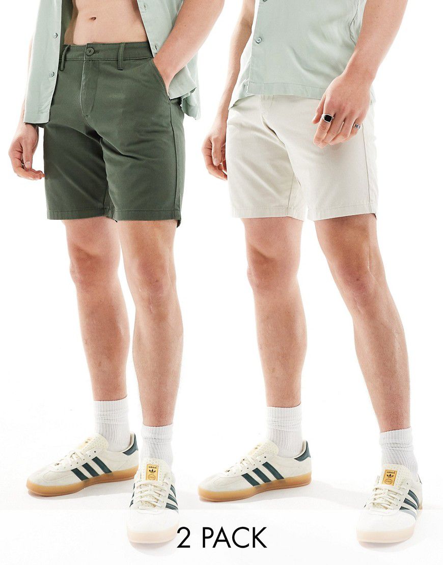 Confezione risparmio da 2 pantaloncini chino slim elasticizzati di lunghezza regolare colore kaki e pietra - ASOS DESIGN - Modalova