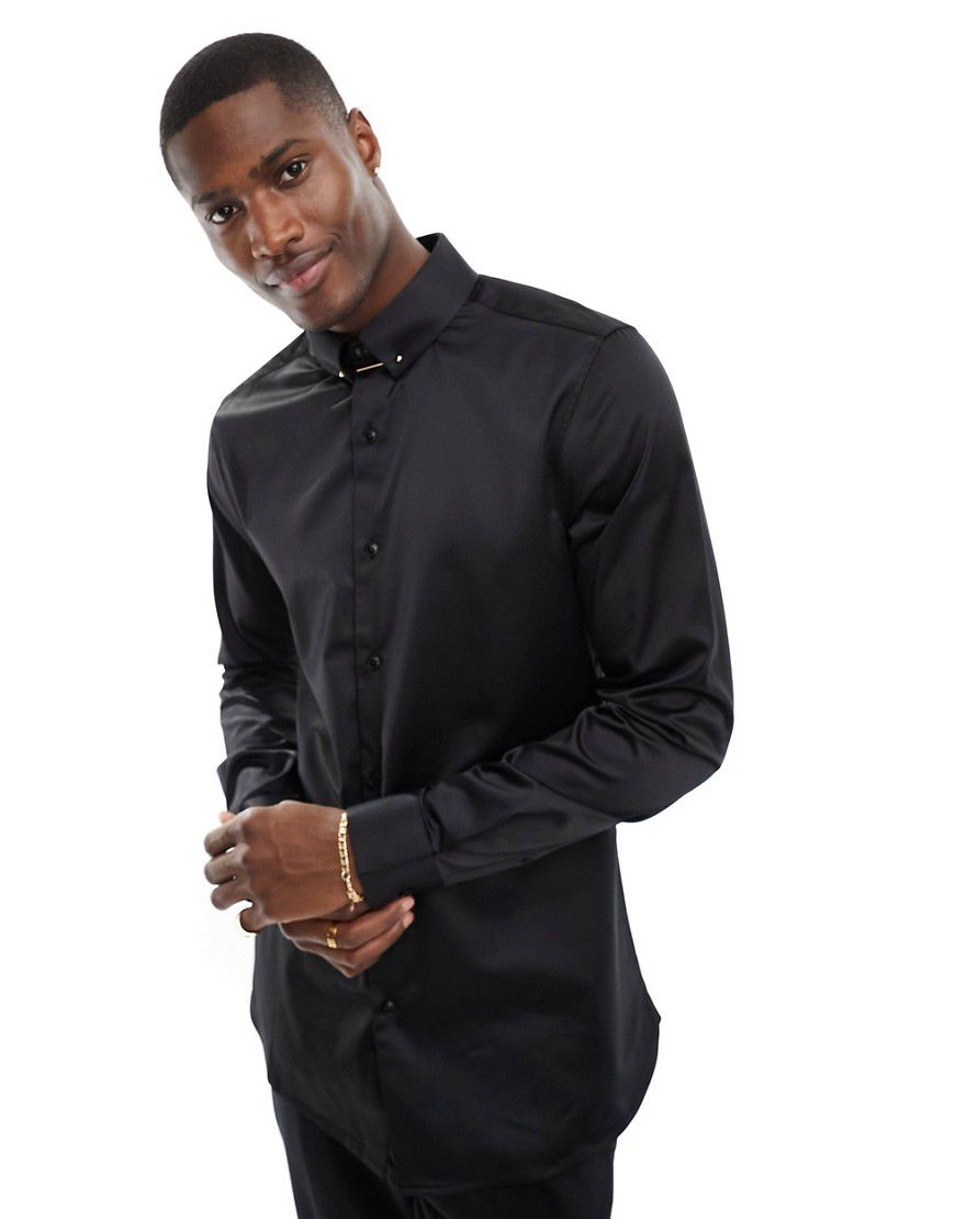 Camicia slim nera in rasatello con colletto con barretta - ASOS DESIGN - Modalova