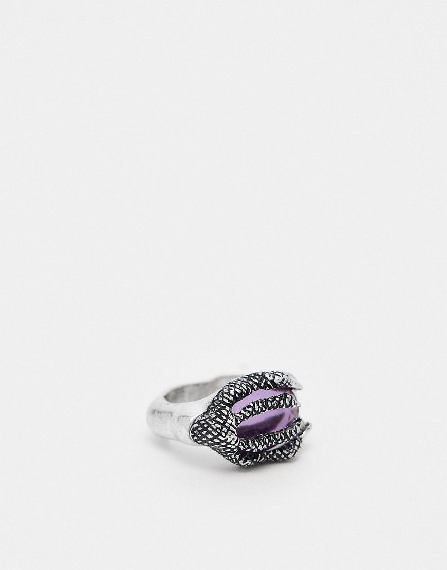Anello argentato con design a forma di artiglio e cristallo viola - ASOS DESIGN - Modalova