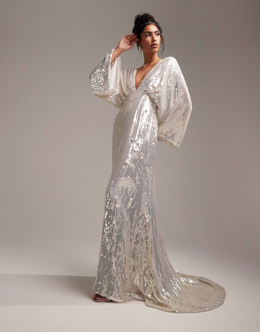 Harriet - Vestito da sposa color avorio con paillettes e maniche a kimono - ASOS DESIGN - Modalova