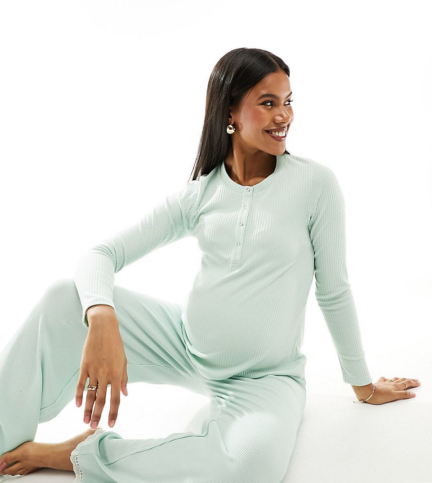 ASOS DESIGN Maternity - Mix & Match - Top del pigiama con collo serafino a coste con finiture in pizzo - ASOS Maternity - Modalova