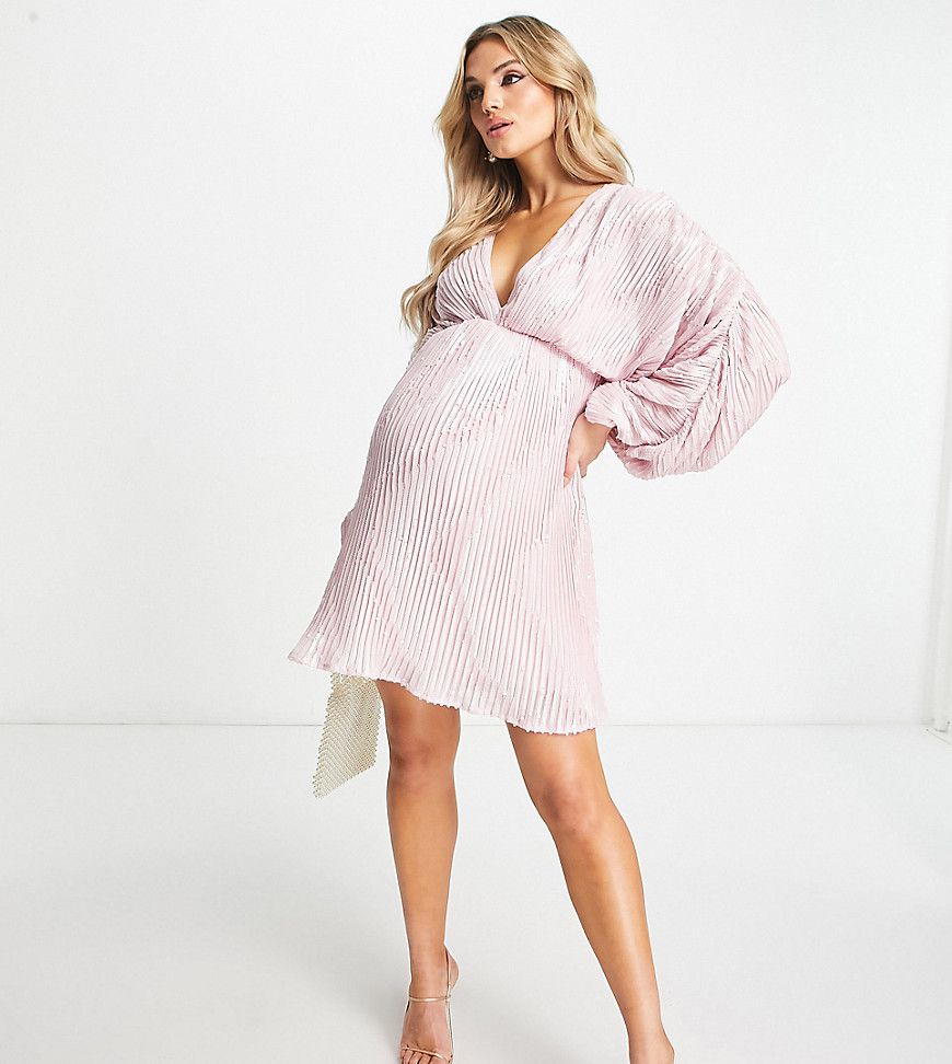 ASOS DESIGN Maternity - Vestito corto con maniche a campana e scollo profondo color cipria decorato - ASOS Maternity - Modalova