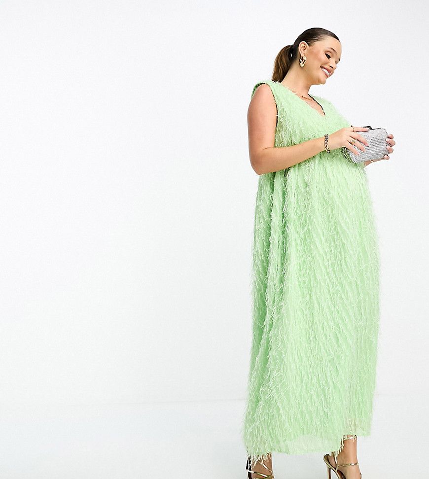 ASOS DESIGN Maternity - Vestito midi soffice color pistacchio a balze con spalline imbottite e scollo a V - ASOS Maternity - Modalova