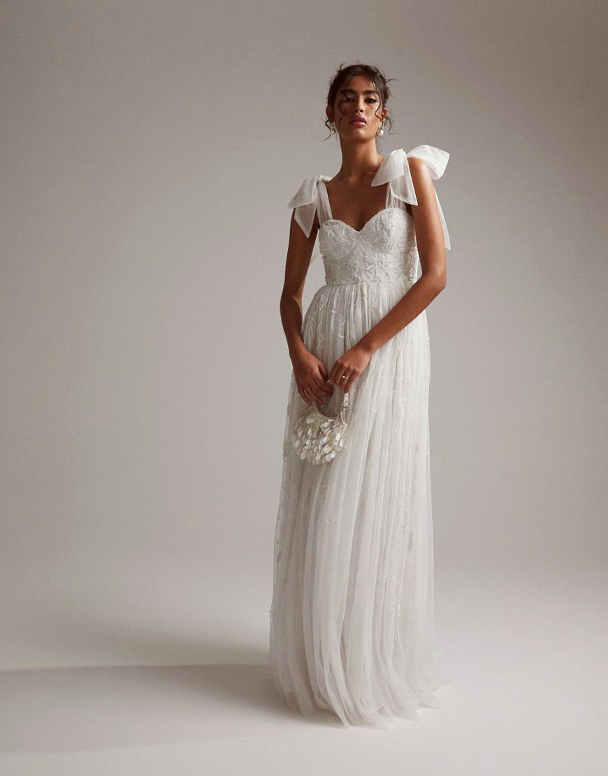 Mila - Vestito da sposa color avorio in rete decorato a fiori con spalline annodate - ASOS DESIGN - Modalova