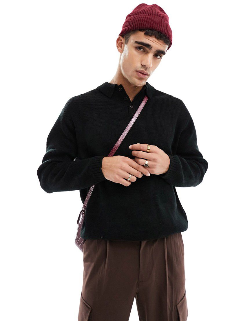 Polo elegante in maglia compatta oversize nera - ASOS DESIGN - Modalova