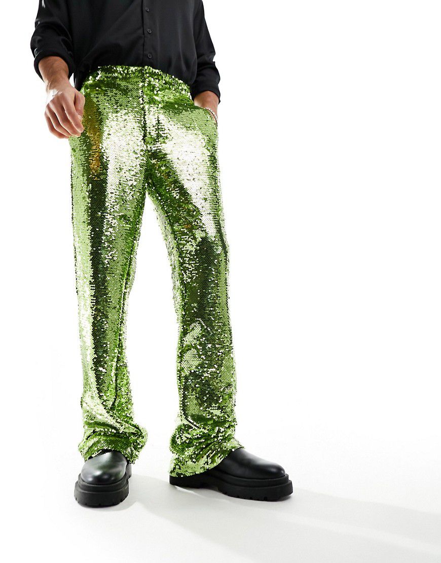 Pantaloni a zampa eleganti con paillettes color lime - ASOS DESIGN - Modalova
