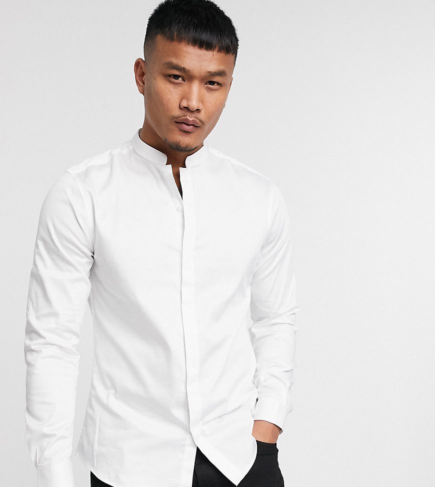 Premium - Camicia slim bianca in rasatello con colletto alla coreana - ASOS DESIGN - Modalova
