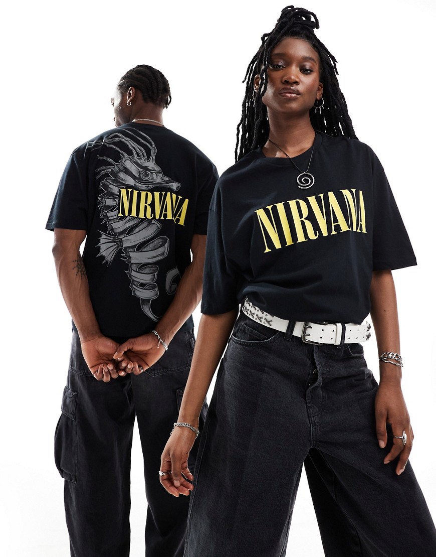 T-shirt unisex oversize nera con stampe grafiche della band Nirvana con cavalluccio marino su licenza - ASOS DESIGN - Modalova