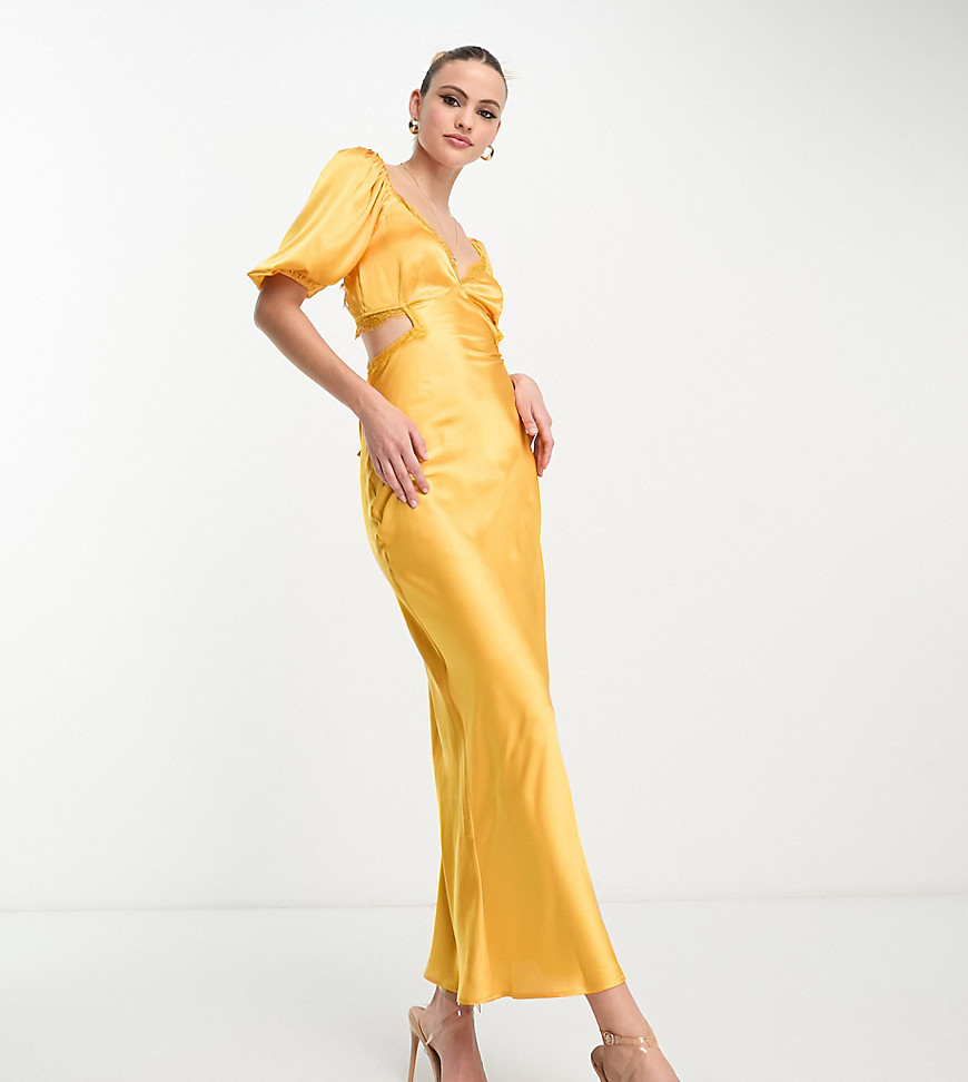 ASOS DESIGN Tall - Vestito lungo modello milkmaid in raso color con finiture in pizzo e fascette sul retro - ASOS Tall - Modalova