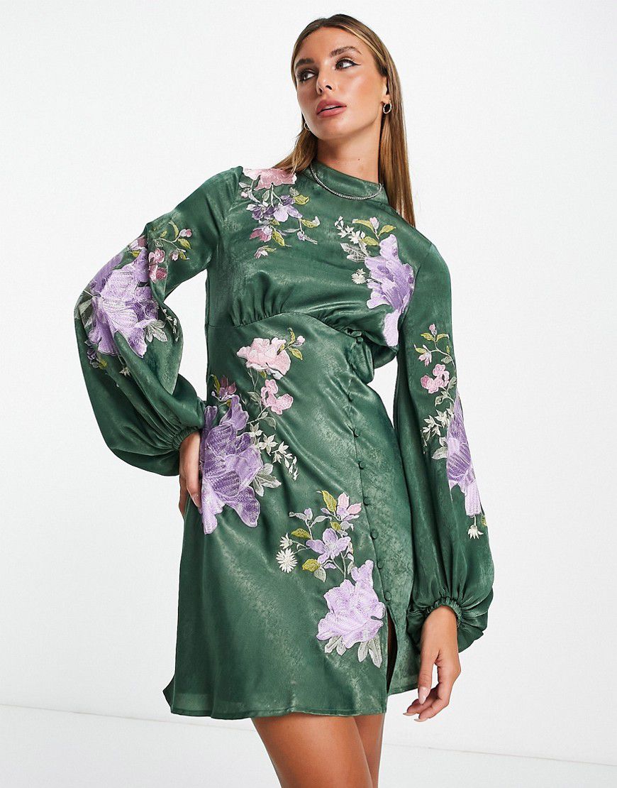 Vestito corto in raso verde a fiori con ricami - ASOS DESIGN - Modalova