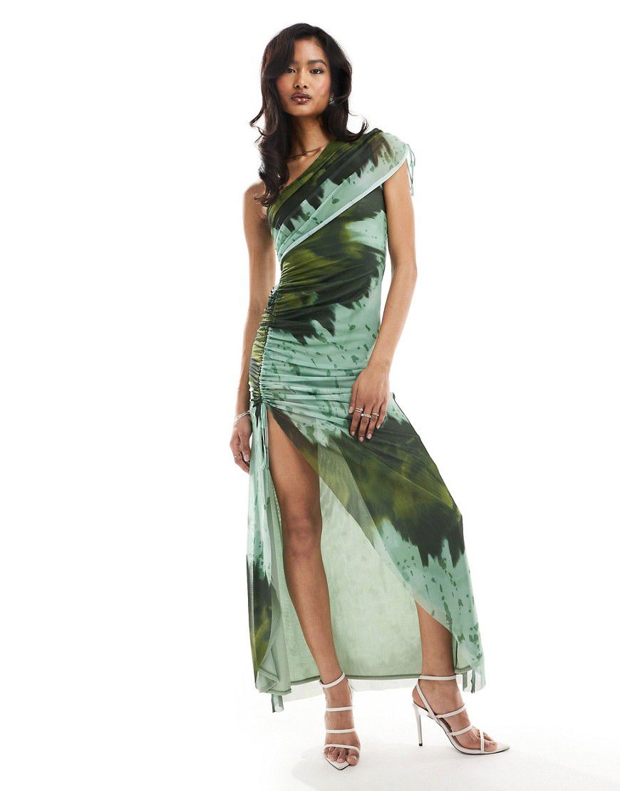 Vestito lungo monospalla verde con stampa di foglie e coulisse - ASOS DESIGN - Modalova