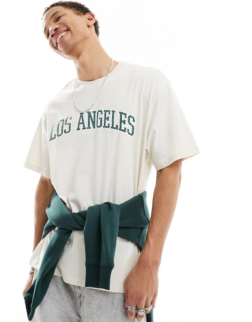 T-shirt color cuoio con stampa "Los Angeles" - Bershka - Modalova