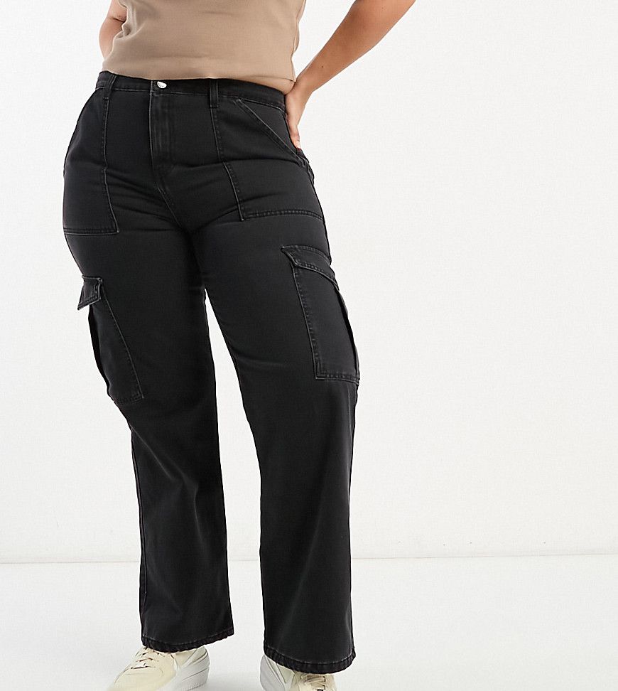 DTT Plus - Elle - Jeans cargo a vita alta con fondo ampio nero slavato - Don't Think Twice - Modalova