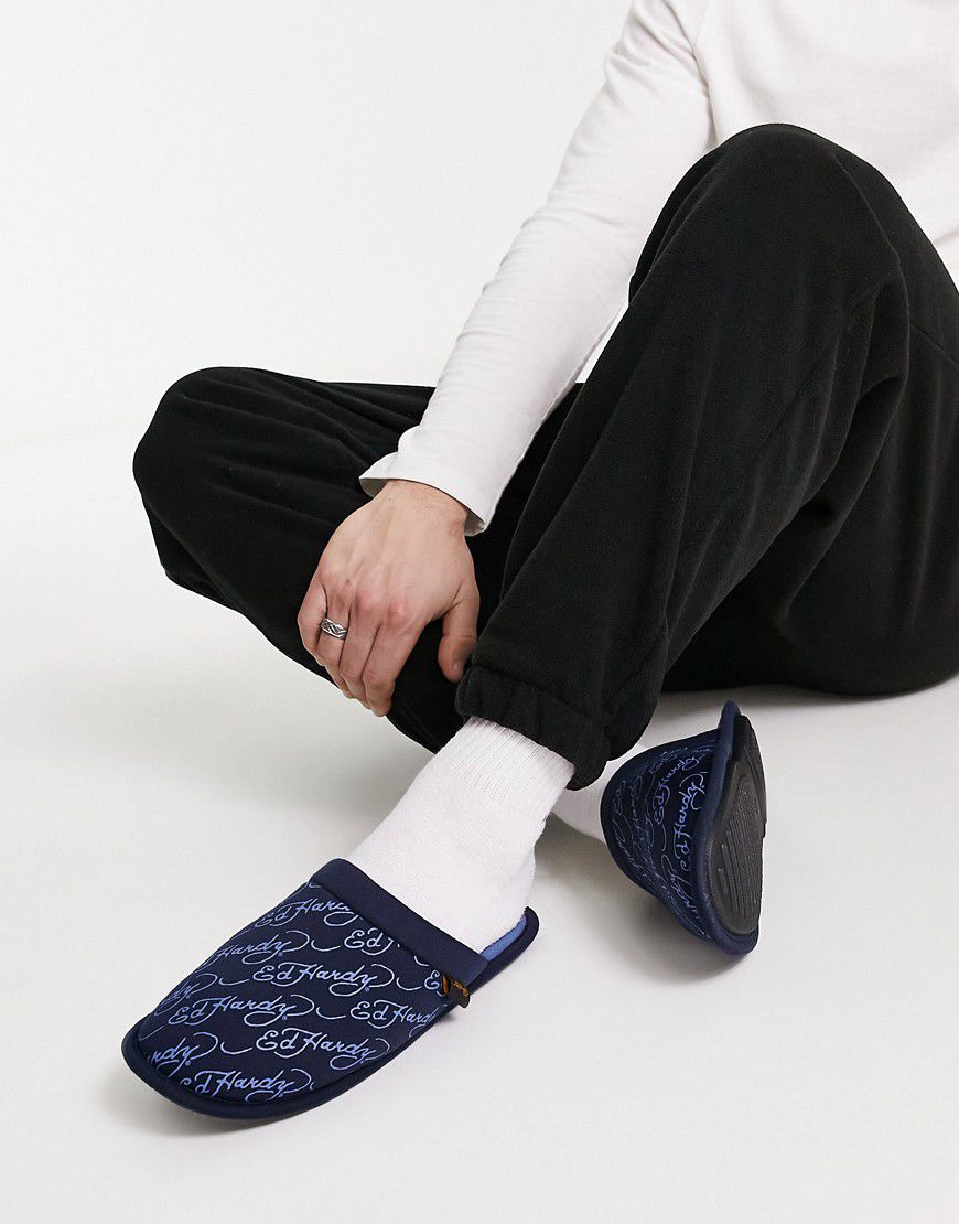 Pantofole stile sabot blu con logo - Ed Hardy - Modalova