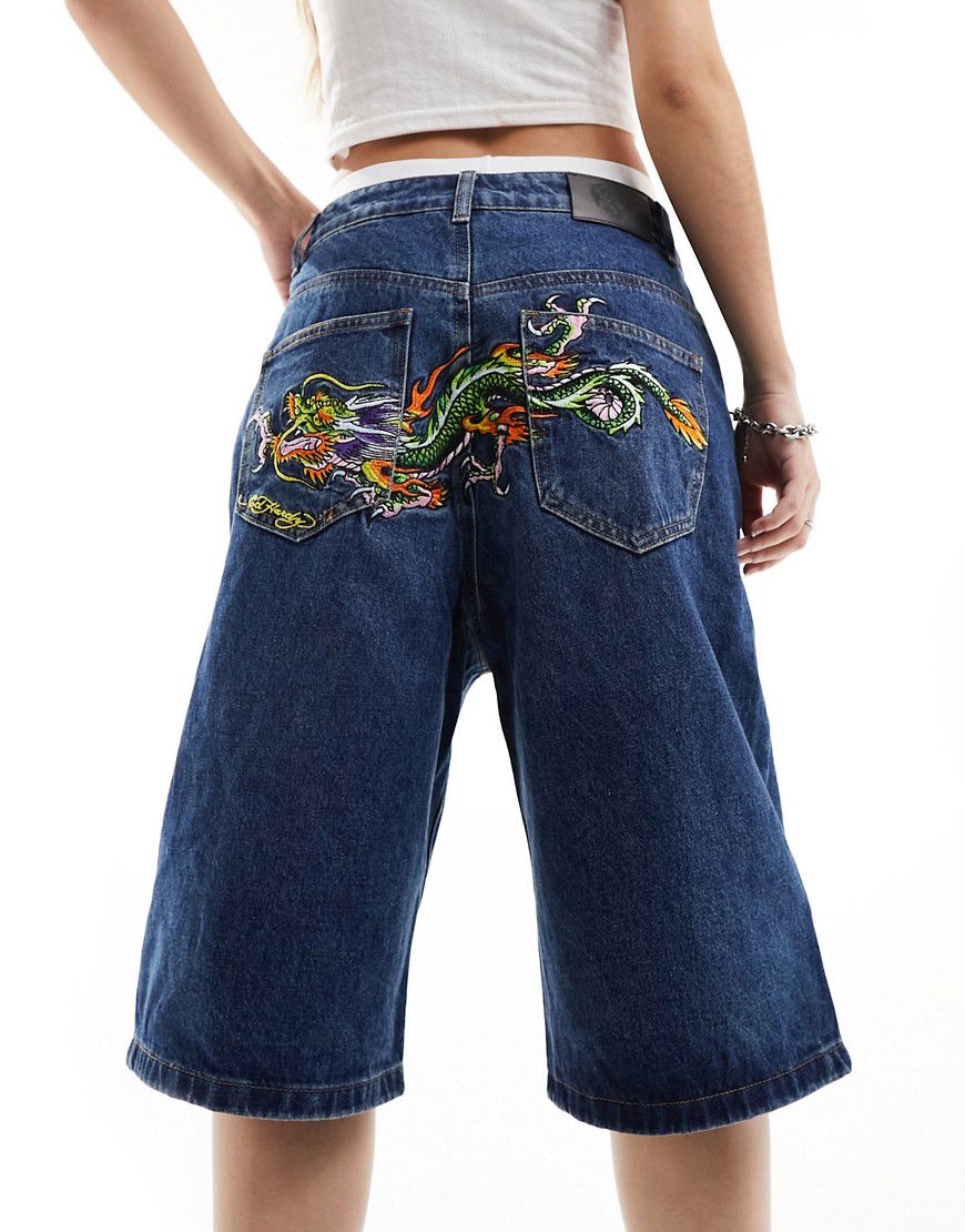 Pantaloncini di jeans comodi taglio lungo indaco con dragone sul fondo schiena - Ed Hardy - Modalova