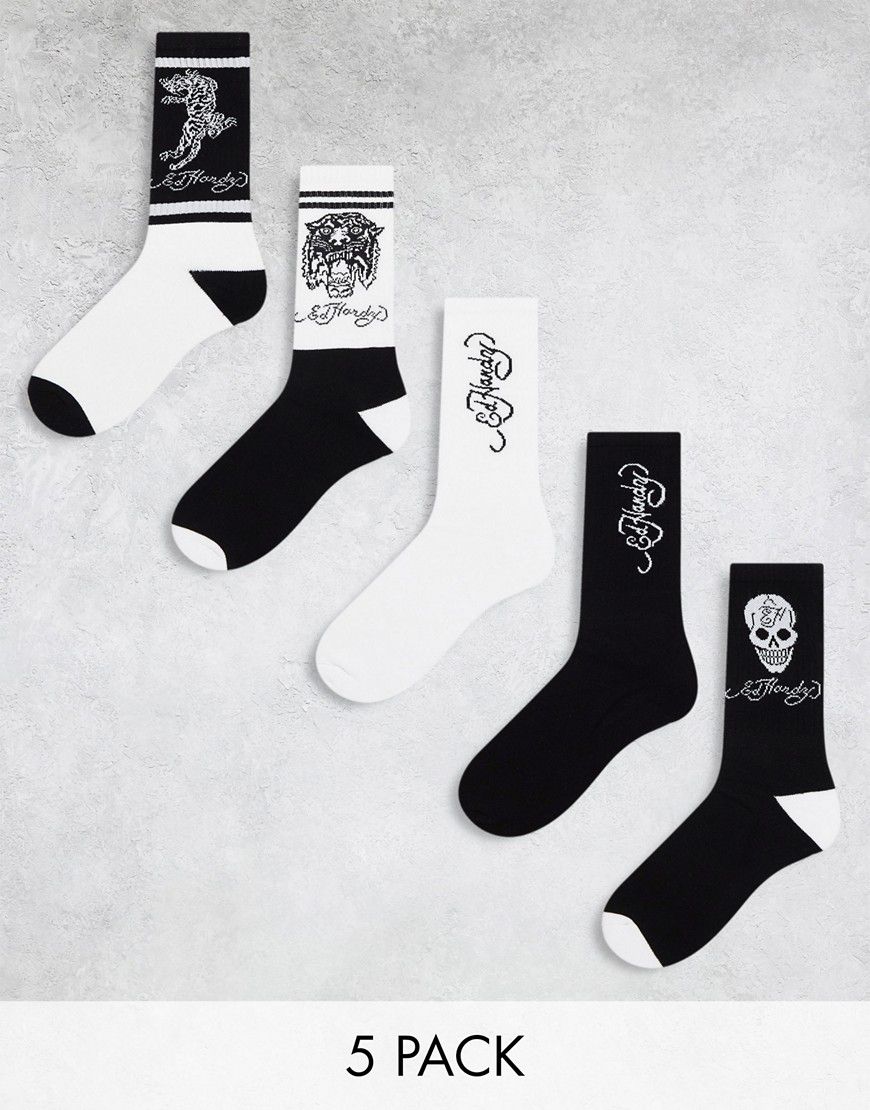 Rocama - Confezione da 5 calzini sportivi color bianco e nero - Ed Hardy - Modalova