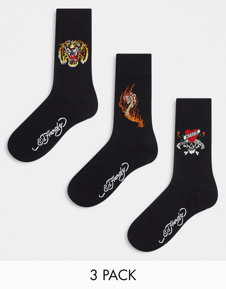 Tinta - Confezione da 3 paia di calzini neri con stampa stile tatuaggio - Ed Hardy - Modalova