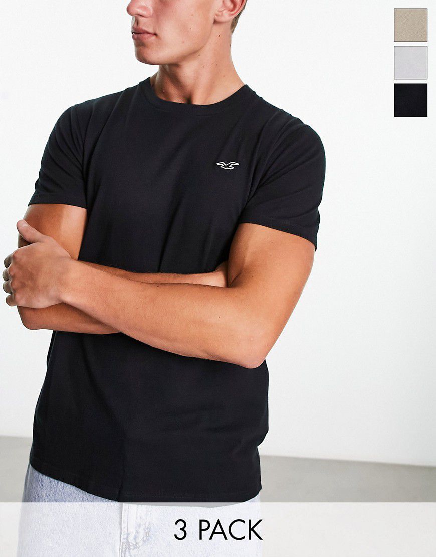 Confezione da 3 T-shirt color cuoio/grigio/nero con logo - Hollister - Modalova