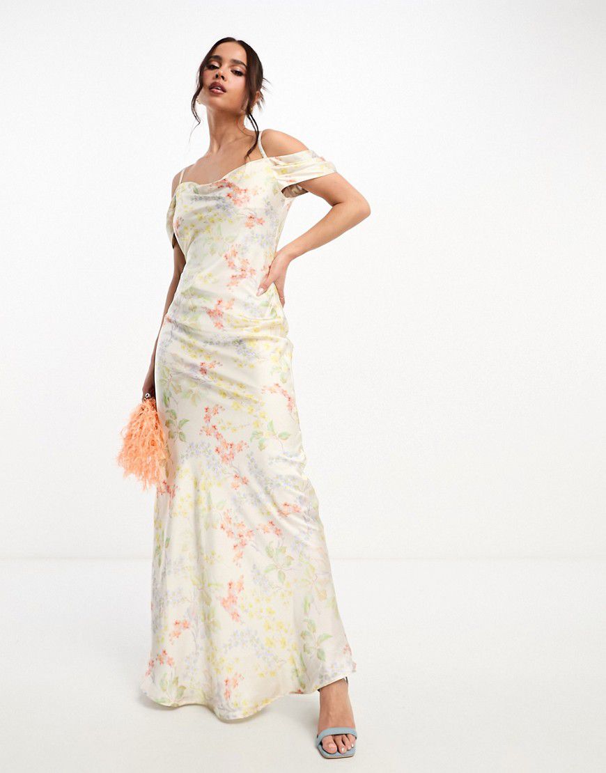 Vestito lungo in raso color avorio a fiori con scollo ad anello - Hope & Ivy - Modalova