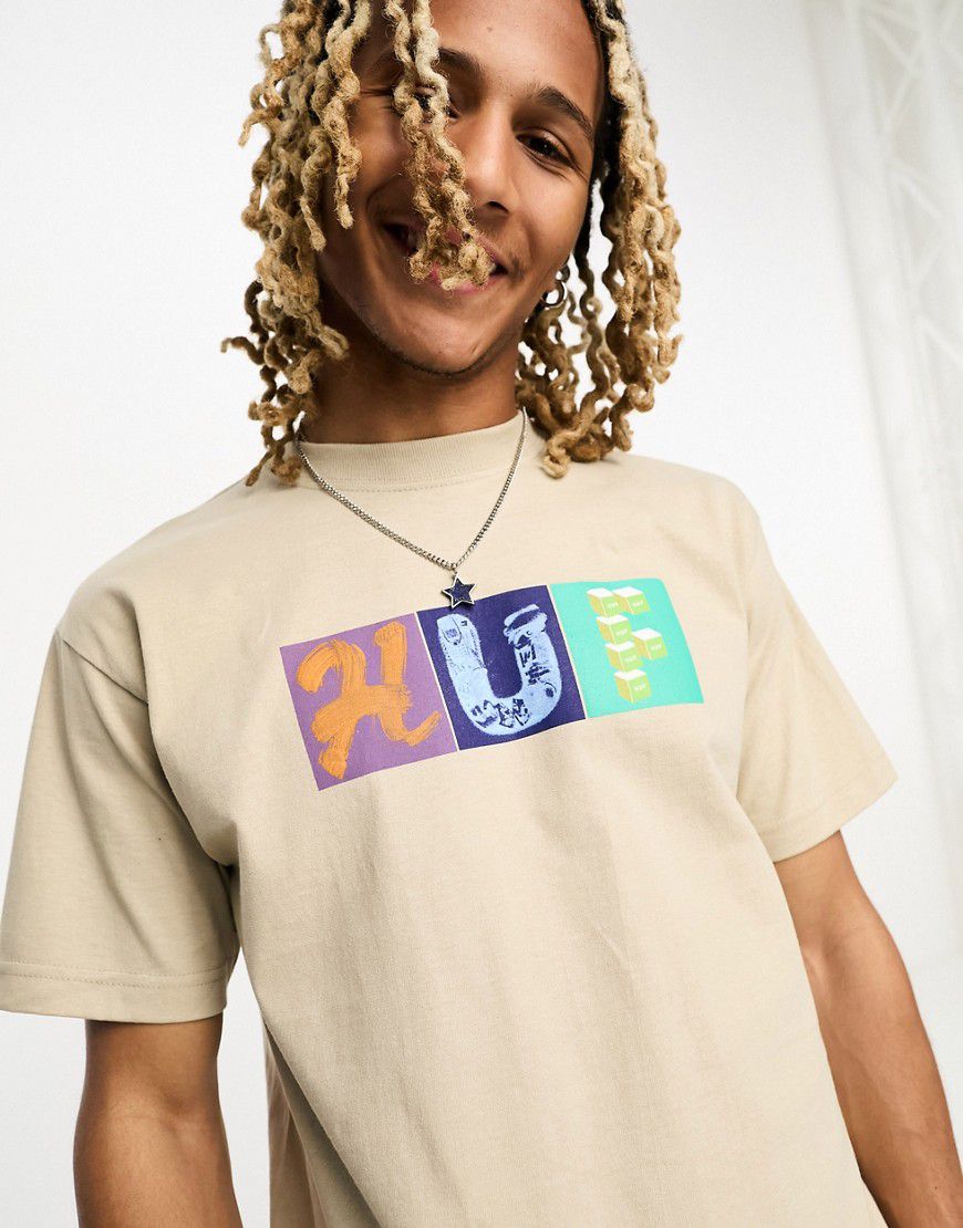 Threemix - T-shirt a maniche corte beige con stampa sul petto - HUF - Modalova