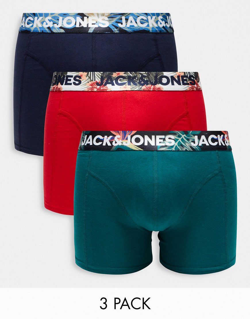 Confezione da 3 paia di boxer aderenti color e blu navy con stampa tropical sulla fascia in vita - Jack & Jones - Modalova