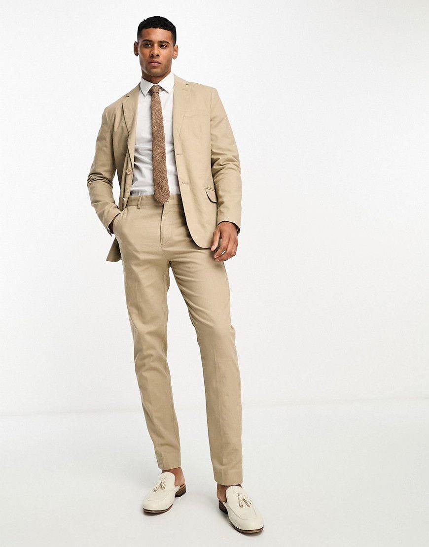 Pantaloni da abito slim in misto lino beige - ONLY & SONS - Modalova