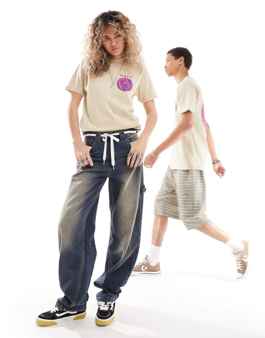 T-shirt a maniche corte beige unisex con stampa di pantere stile yin-yang - Obey - Modalova