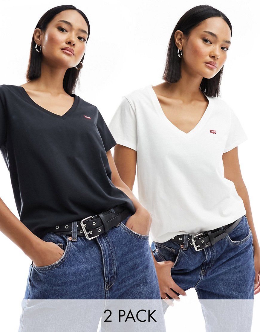 Confezione da 2 t-shirt bianca e nera con scollo a V e logo piccolo - Levi's - Modalova